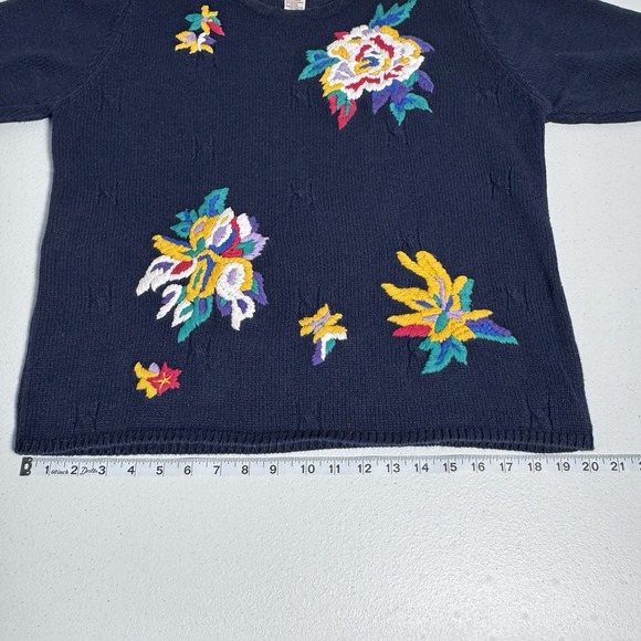 Vtg Embroidered Floral Short Sleeve Sweater Navy Ramie Cotton Top Size L Boho - Picture 6 of 8